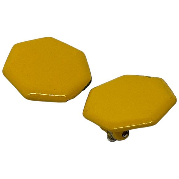 Vintage Yellow Hexagon Metal Clip-On Stud Button Earrings - Retro 80s - Picture 7 of 8